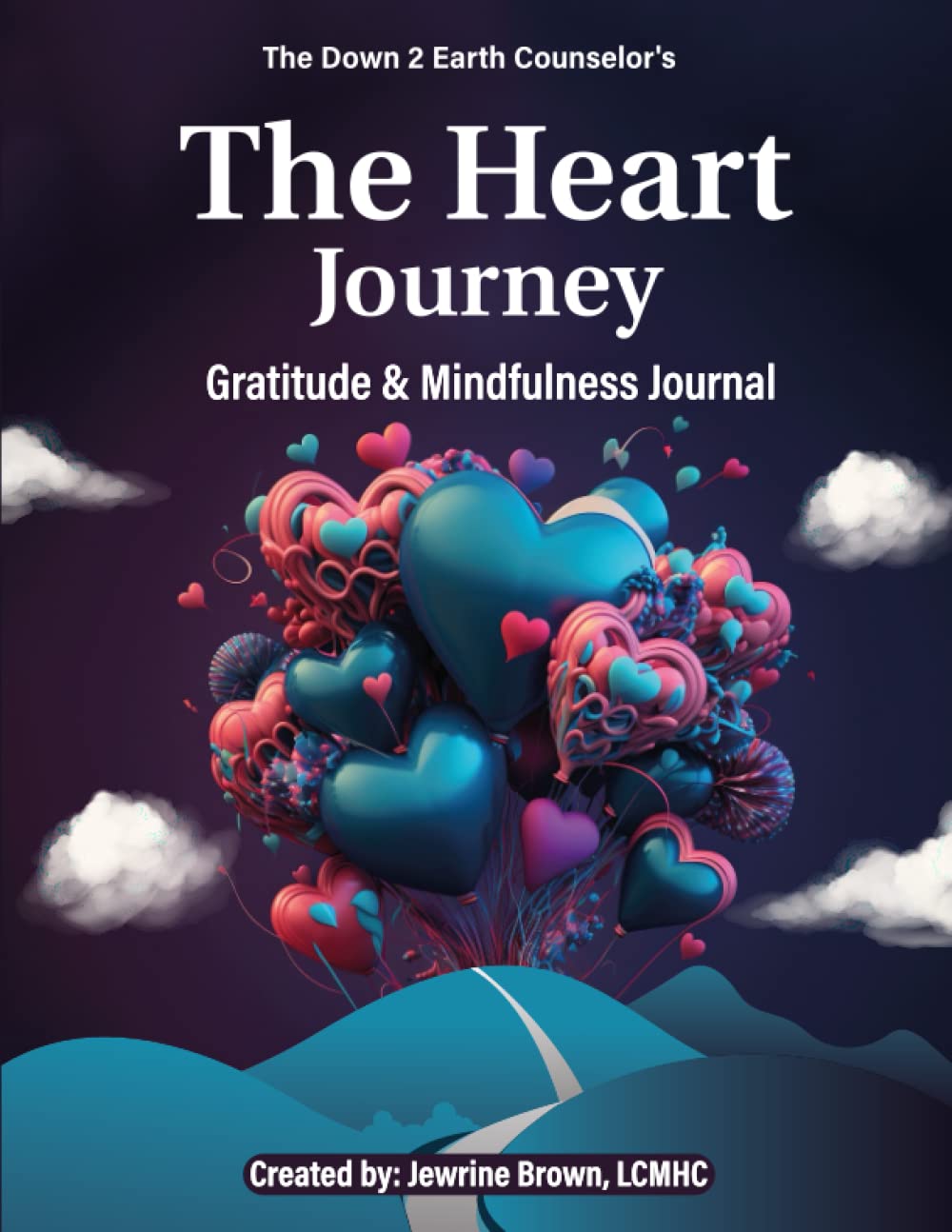 Cover of 'The Heart Journey' gratitude and mindfulness journal with colorful heart design and cloud background.